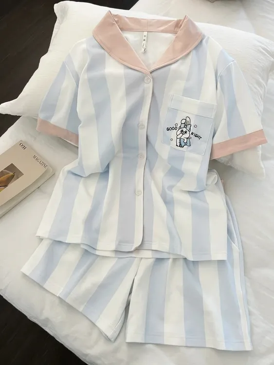 可爱蓝白条纹粉边撞色睡衣女夏季2025新款舒适短裤宅家套装可外穿
