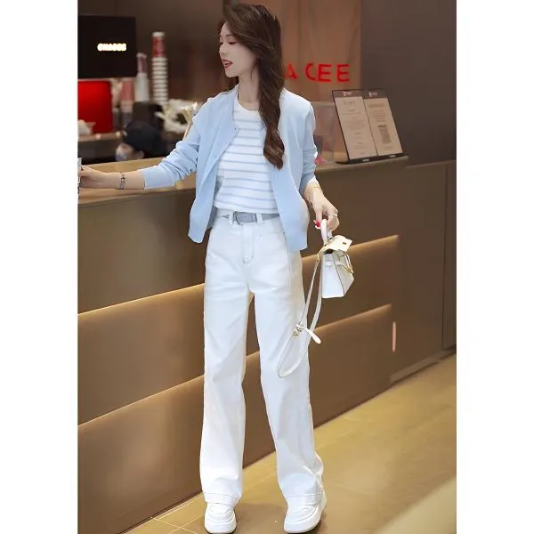 2025春季通勤长袖针织假两件上衣+宽松时尚休闲显腿长直筒牛仔裤