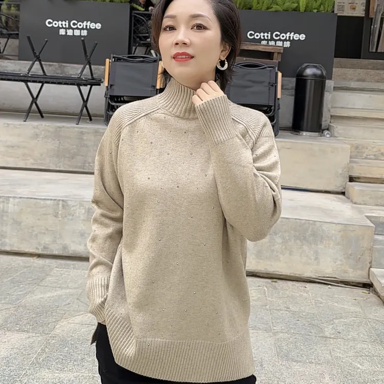 【卿她】新款高领重工纯色套头显瘦针织衫毛衣