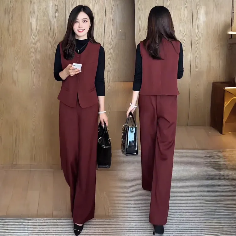 时尚套装女2025秋季新款洋气显瘦西装马甲打底衫阔腿裤气