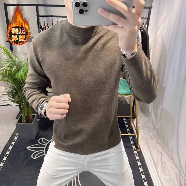 冬季欧洲站男士时尚个性长袖德绒保暖打底衫纯色百搭欧货T恤内搭