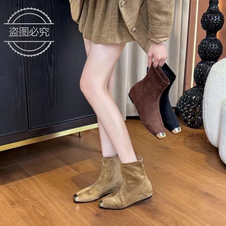 法式方头内增高短靴女2025新款高级小个子气质百搭加绒弹力瘦瘦靴