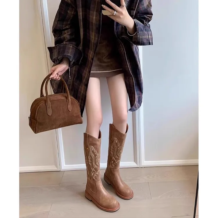 刺绣西部牛仔靴女夏美拉德长靴高筒靴2025新款骑士靴春秋马丁单靴