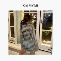 Oh！Me Tell【小克同款】梵文字母印花条纹宽松休闲长袖圆领T恤     