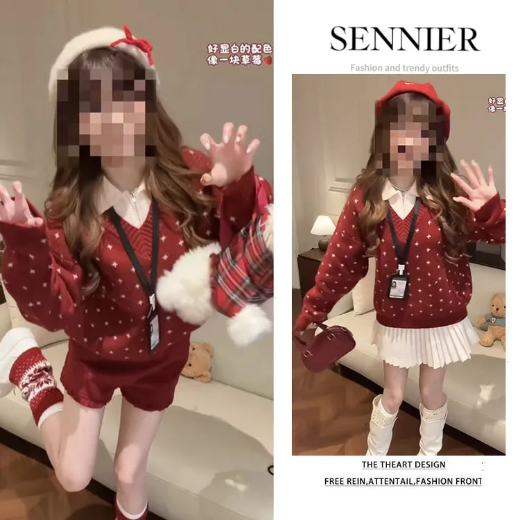 温柔系穿搭女2026新款洋气红色假两件波点拼接毛衣显瘦短裤两件套