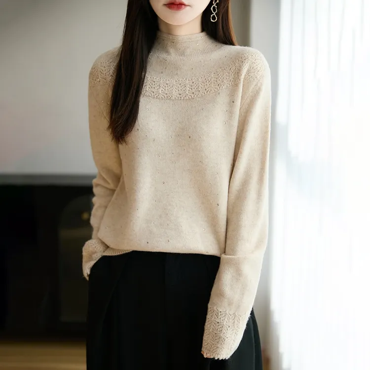 品牌时尚女装秋冬半高领钩花精纺针织衫宽松套头百搭毛衣女内搭