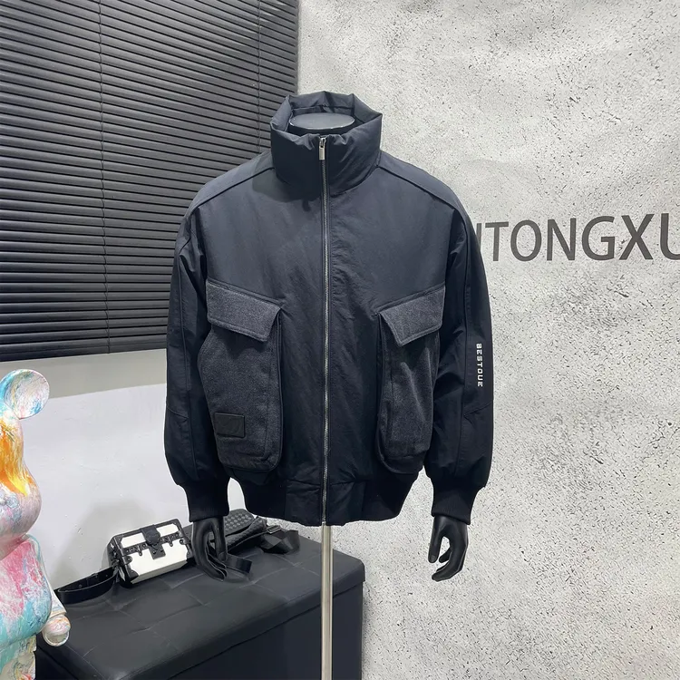 K先生男装店 牛仔拼接工装立领大口袋羽绒服冬季白鸭绒防寒外套男