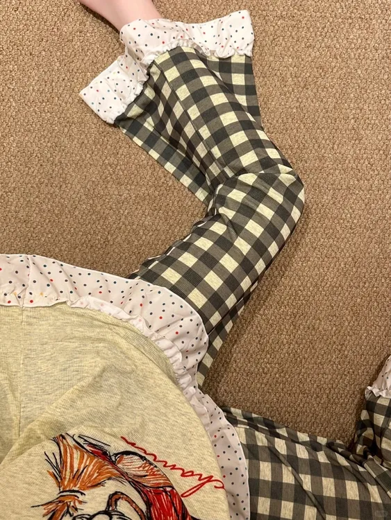 甜美风少女卡通格子米奇短袖睡衣女夏季新款长裤套装大码家居服夏