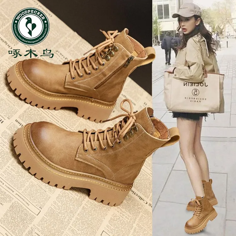 啄木鸟马丁靴女2025春秋新款英伦风爆款超火短靴子厚底增高机车靴