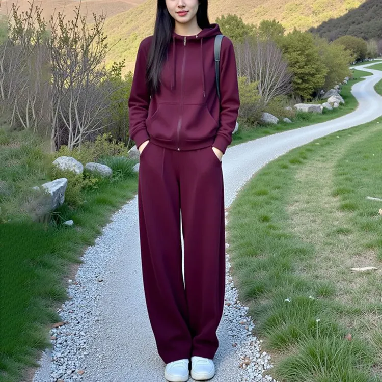 早春新款休闲套装洋气百搭连帽拉链长袖卫衣外套高腰直筒裤两件套