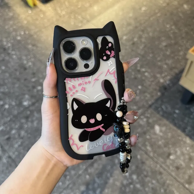 BANCA酷妹黑猫挂链适用苹果16promax手机壳iPhone15猫耳朵14/1312