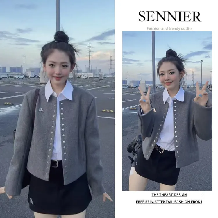 秋冬时尚爆款女2025新款韩版气质小香风外套百搭衬衫短裙三件套装