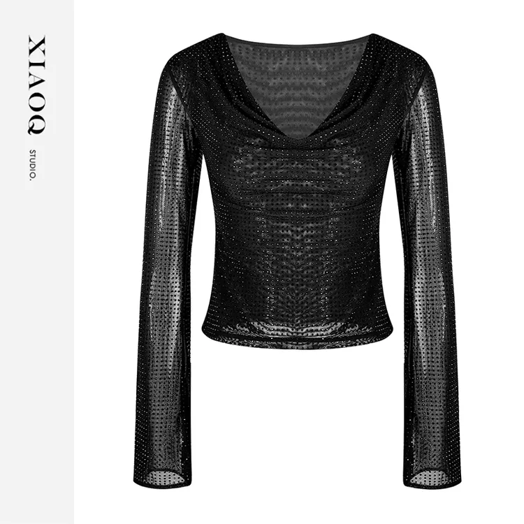 XIAOQ「星夜里」法式时尚重工大U荡领钻饰透感显瘦氧气上衣女10247