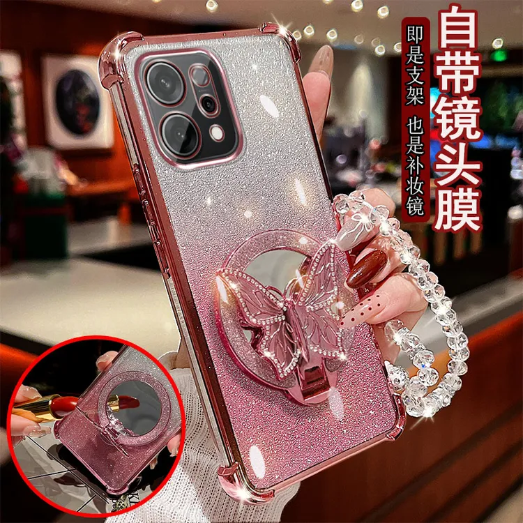 适用OPPO Reno14pro手机壳5G镜头全包防摔保护套镶钻蝴蝶支架镜子