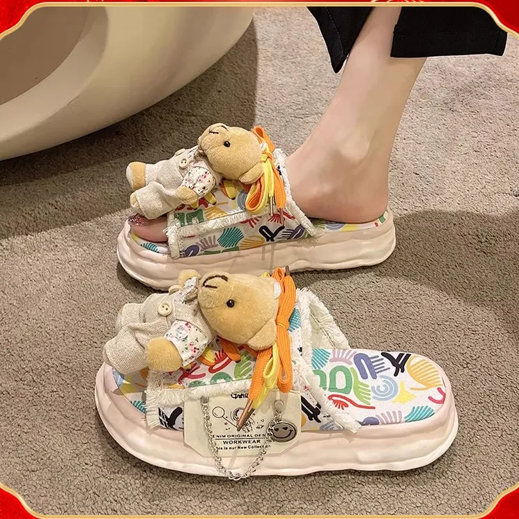 可爱小熊松糕厚底拖鞋女外穿2024夏季新款潮流百搭帆布海边沙滩鞋