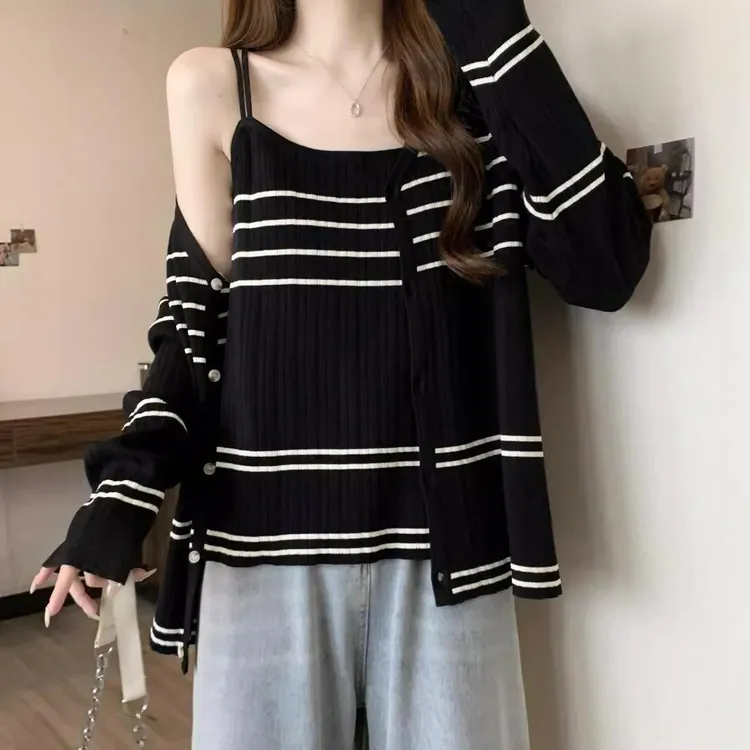 2025春秋季新款女士胖mm穿搭针织开衫吊带背心显瘦遮肉两件套装潮