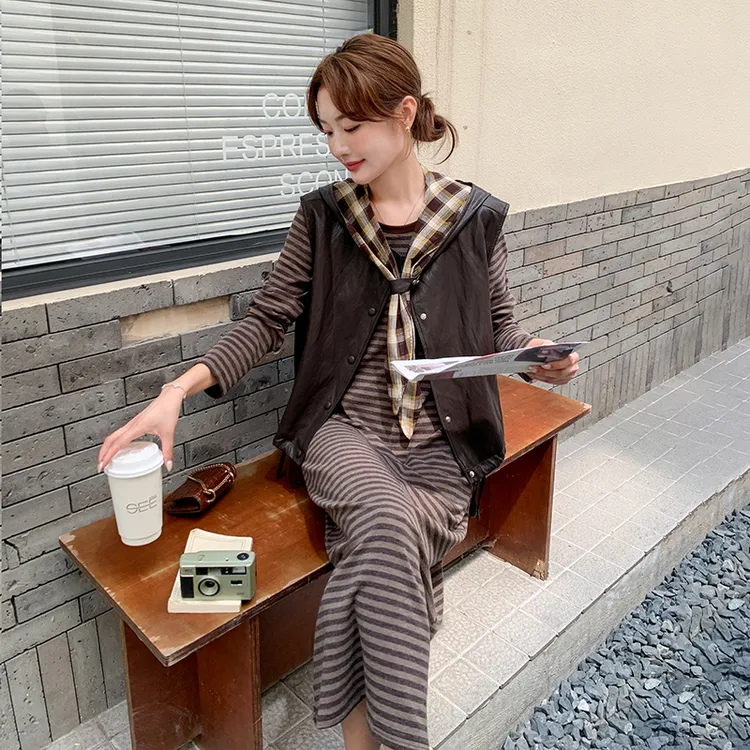 洋气时髦减龄复古条纹连衣裙套装女抽绳设计2025秋新款马甲两件套