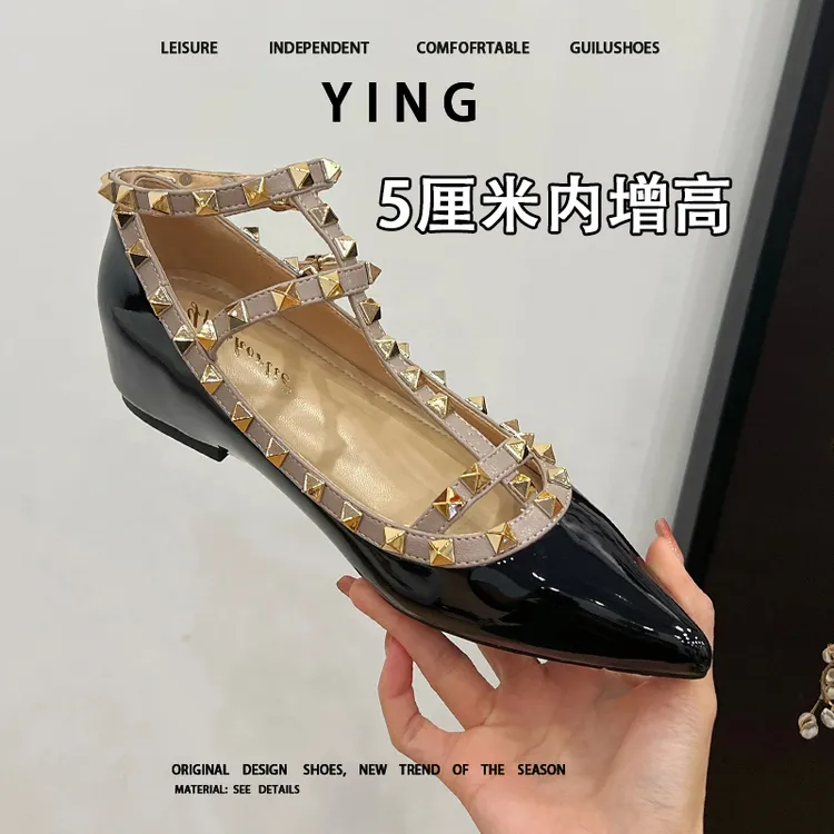 漆皮铆钉气质时尚内单鞋女性感2025春季新款尖头平底玛丽珍鞋