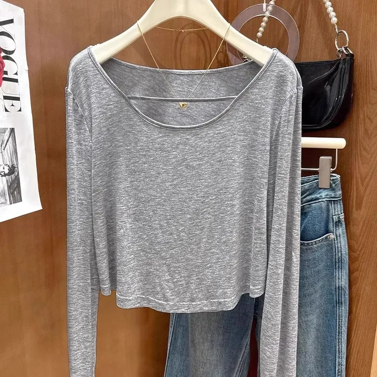 芯娇晴灰色冰丝针织防晒罩衫女夏季辣妹穿搭面膜长袖T恤弧形上衣