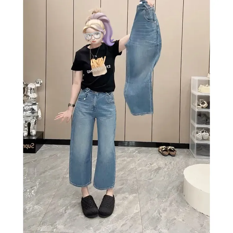 2025春季高腰显瘦大码阔腿裤宽松高腰显瘦八分阔腿牛仔裤