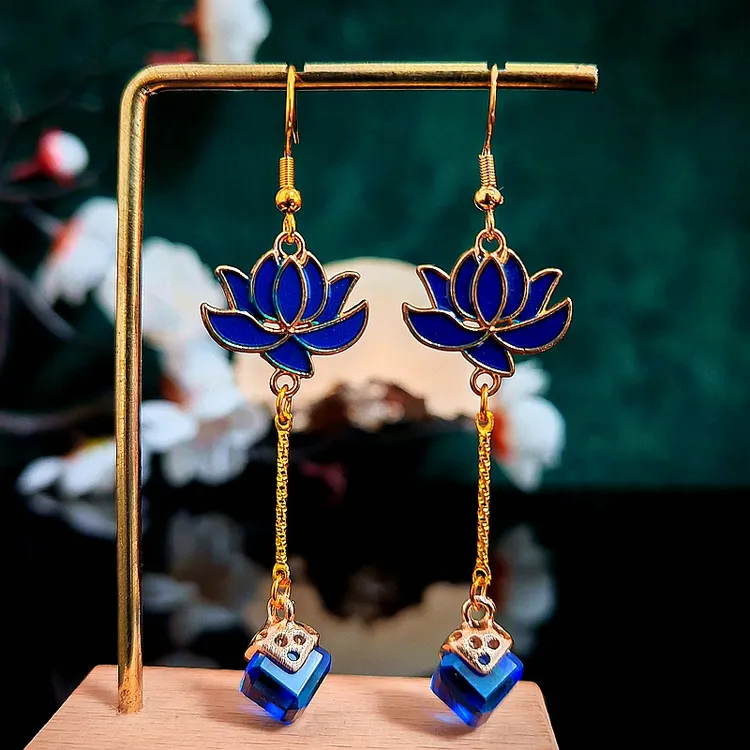 多吉米幻梦蓝荷复古新中式原创高级感耳环无耳洞耳夹耳饰配汉服