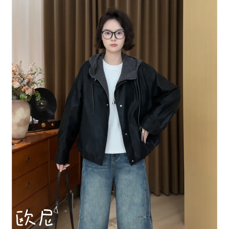 欧尼私服 【拼接连帽皮外套】2025早秋时尚百搭宽松皮衣2509C5540