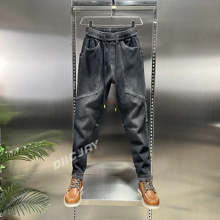 【高端】潮流男士秋冬季百搭牛仔简约风中腰小直筒时尚加绒水洗修身