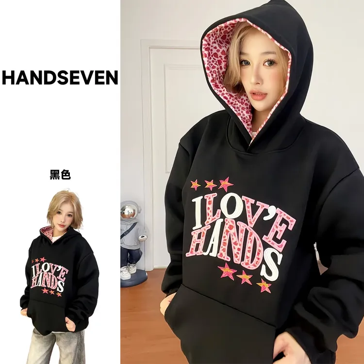 HandSeven美式重磅卫衣豹纹字母刺绣秋冬连帽卫衣加厚ins百搭潮牌