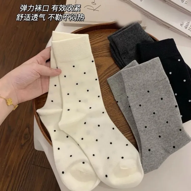 波点袜子女早秋季薄款ins潮韩系可爱运动卷边圆点夏天长中筒袜GFW