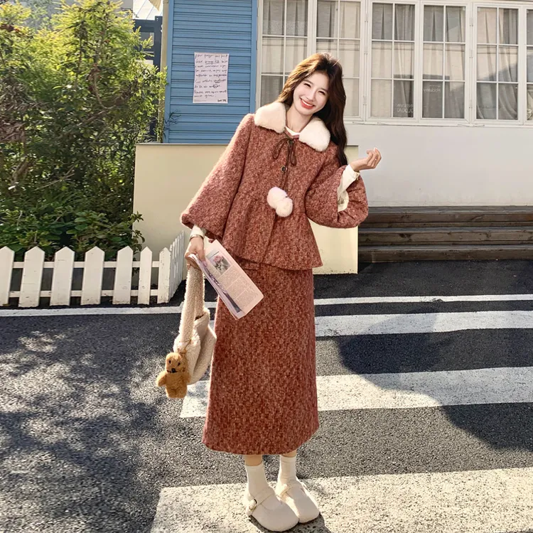 法式留洋千金风红格羽绒服半裙2025冬季新款韩系通勤小香风两件套