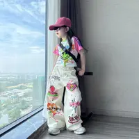 女童夏季潮酷个性涂鸦阔腿裤直筒休闲裤中大童拼色短款短袖T恤潮