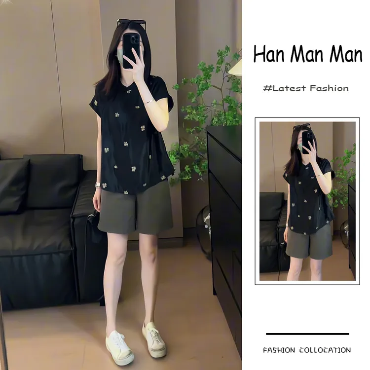 夏季流行穿搭一整套新款2025韩版显瘦时尚百搭短袖休闲短裤两件套