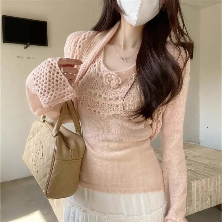 实拍 2025套装镂空长袖针织开衫女春季内搭挂脖吊带背心两件套