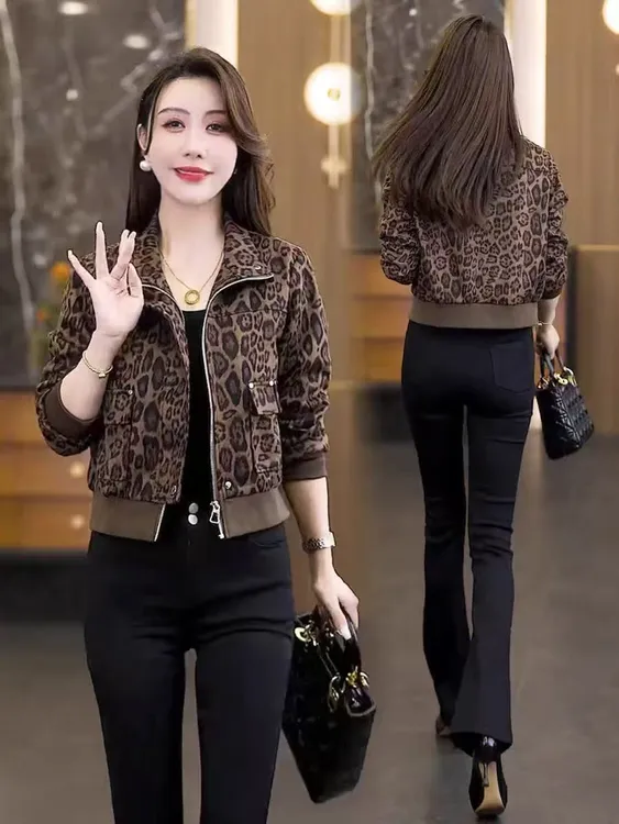 635#秋季复古小个子豹纹显瘦长袖短外套（M~3XL 85~155斤）