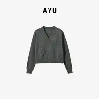 阿玉家&时尚慵懒风纯色羊毛针织开衫设计感蕾丝花朵羊毛衫#4020