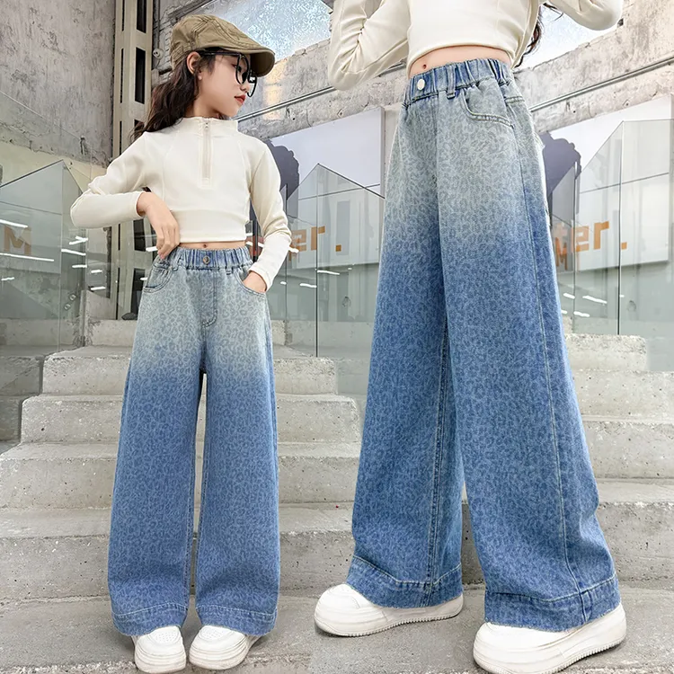 女童豹纹牛仔裤春装2025新款6-12岁15岁中大童时髦洋气直筒阔腿裤