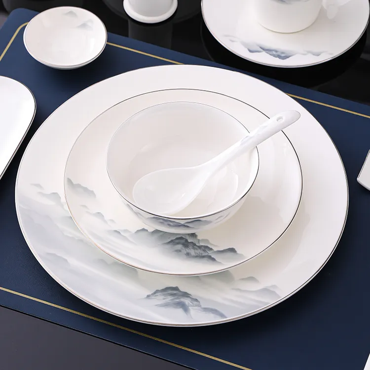 星级酒店用品摆台餐具套装双金线骨碟翅碗杯勺筷中式餐具碗盘套装