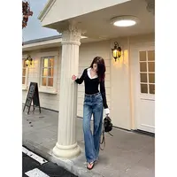 IFMR磨破牛仔阔腿裤女25年秋季新款复古设计中腰显瘦牛仔裤98058