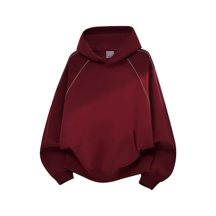 WAINOT潮牌美式反光条酒红色连帽卫衣男款400g重磅宽松套头帽衫