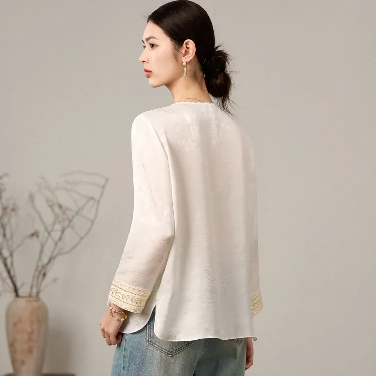  新中式国风100桑蚕丝刺绣圆领斜襟衬衫女2025春季提花设计感上衣