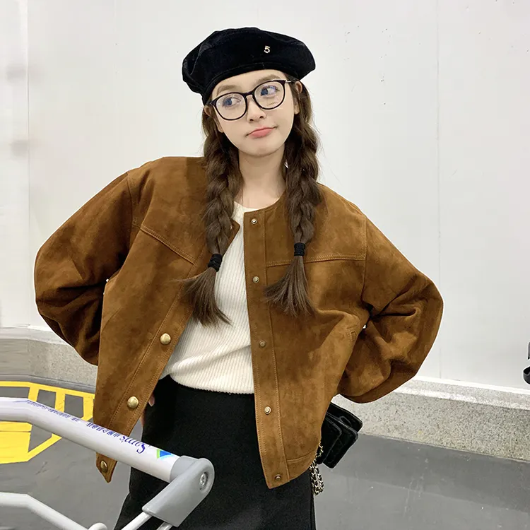 美式复古圆领麂皮夹克外套女2025春秋季新款韩版宽松显瘦短款上衣