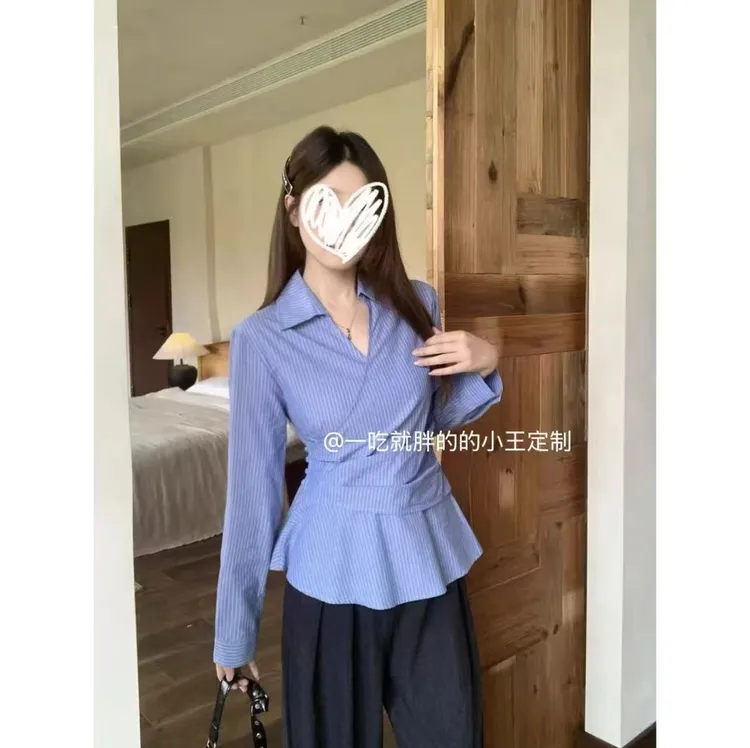 【小王家】早秋新款大码褶皱条纹秋季常规款拼接韩系衬衫气质女装