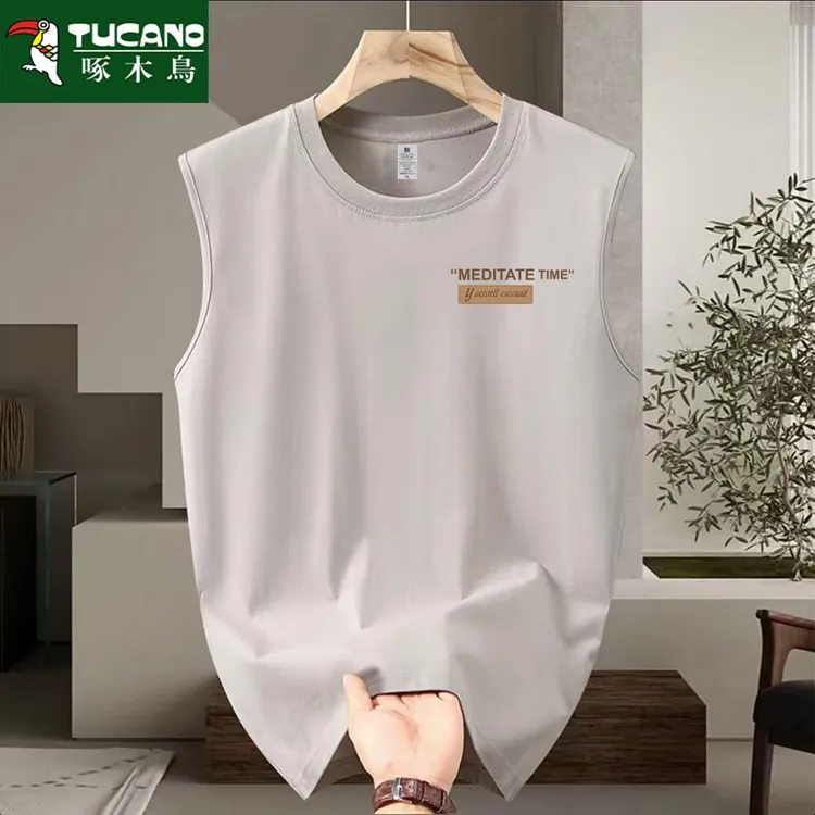 啄木鸟纯棉无袖白色宽松无袖打底衫圆领印花T恤直喷印花t恤夏季