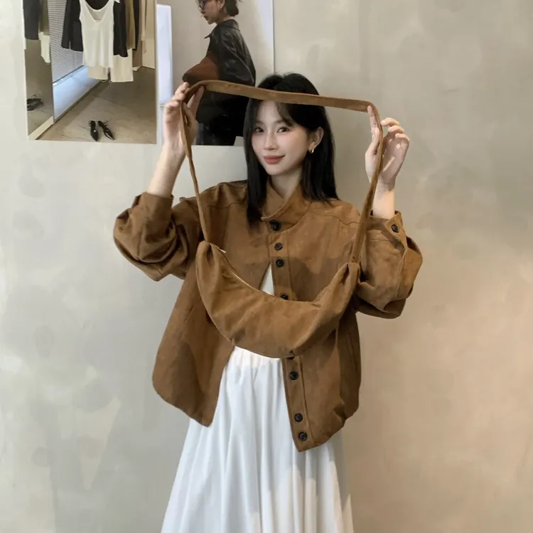 Cute Club 甜美复古简约立领麂皮绒外套秋季新款宽松休闲百搭上衣