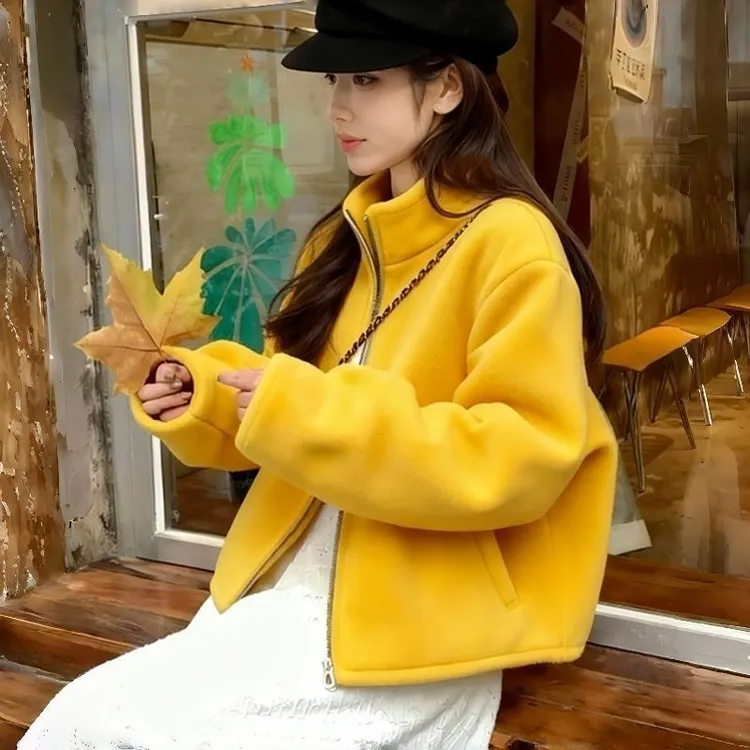 黄色双面摇粒绒短外套女2025新款冬季巨好看的慵懒风独特别致上衣