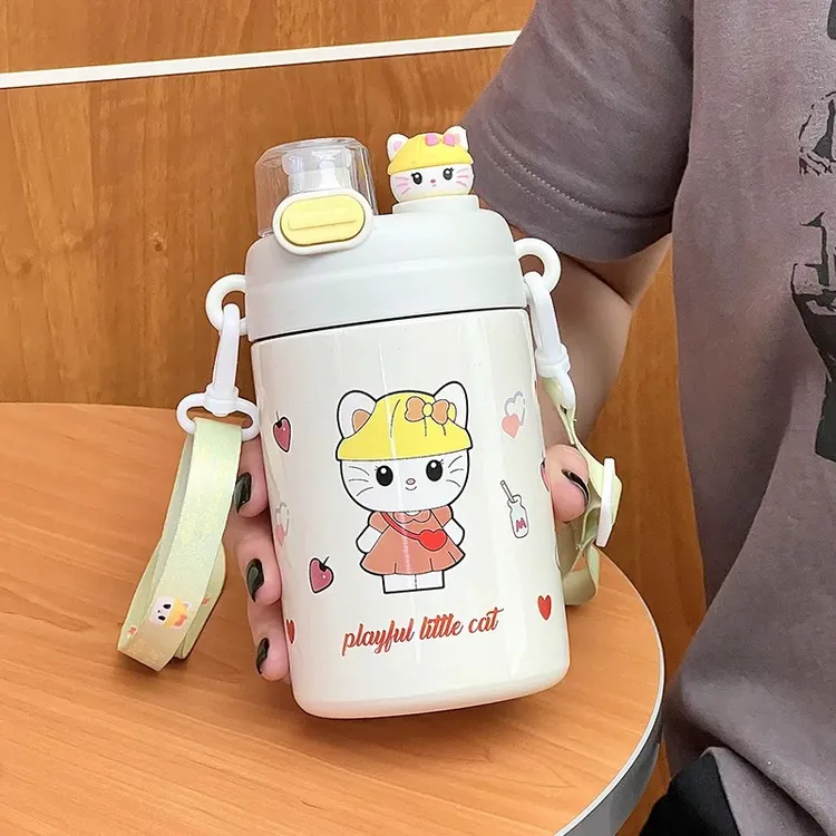 女生可爱卡通双饮口316不锈钢吸管杯高颜值学生便携大容量杯子