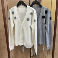 【橙庐】507082手钩太阳花V领绵羊毛开衫 春秋女士气质优雅时尚重工