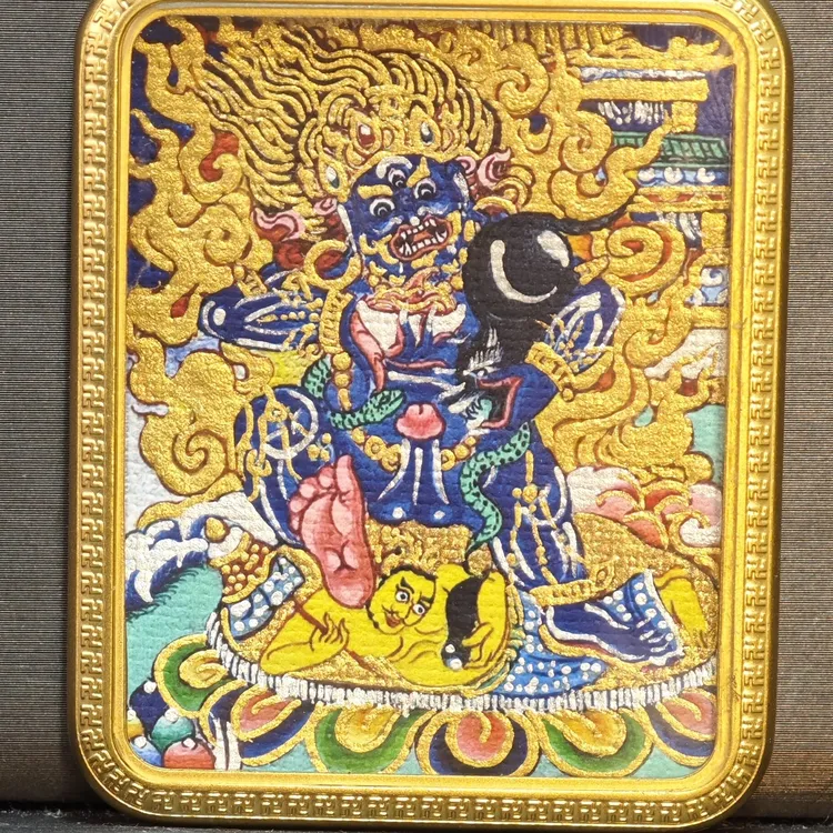 手绘唐卡西藏纯手工藏传黑财神快/偏财铜外壳青海热贡藏风