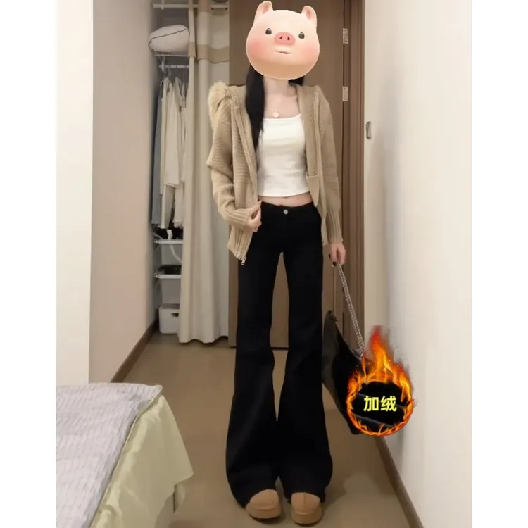 裤长112cm高个子加长黑色微喇牛仔裤女秋冬加绒高腰弹力显瘦裤子