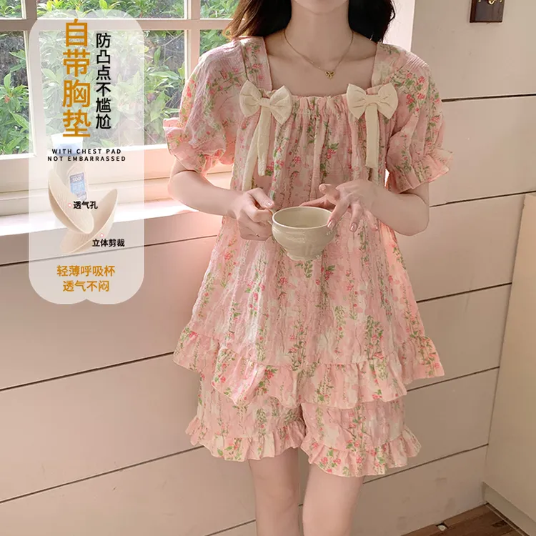 带胸垫睡衣女夏季短袖云朵棉套装夏天碎花甜美公主风可外穿家居服
